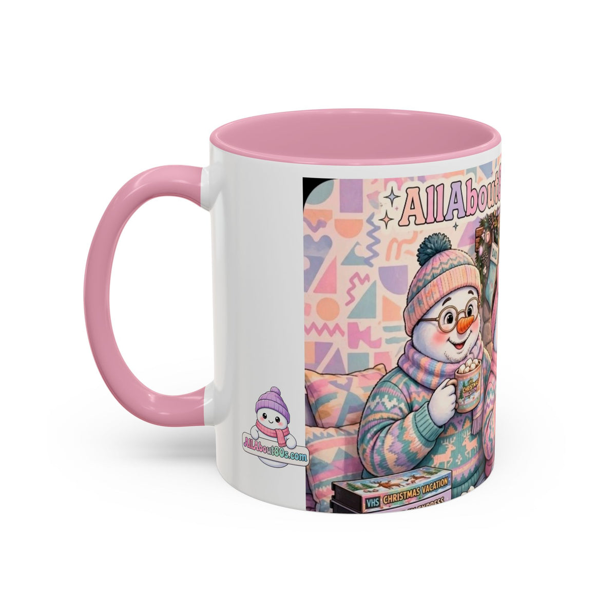 Cute Snowman Christmas Mug — 'All About 80s Christmas' Colorful Holiday Coffee Cup (11oz/15oz)