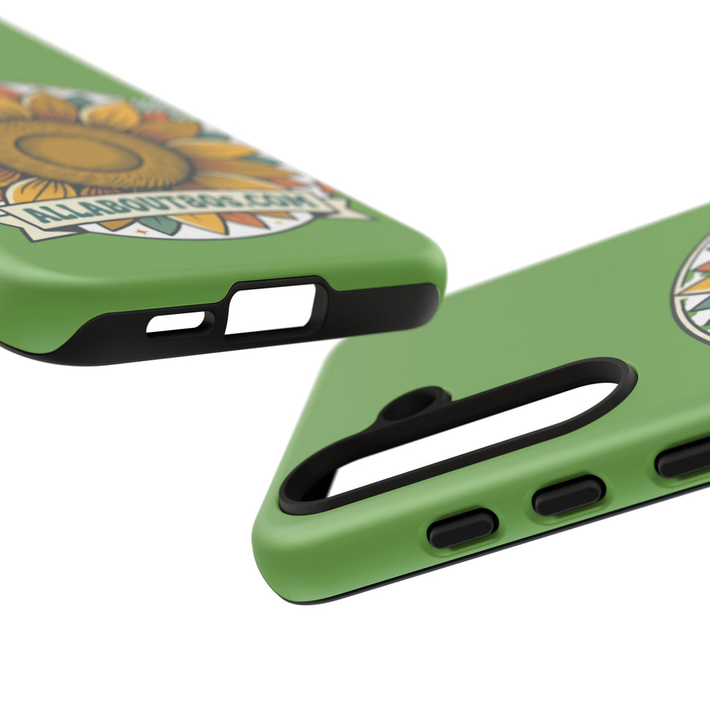 Sunflower Tough Phone Case – Green Floral Protective Case with "AllAbout80s.com" Banner