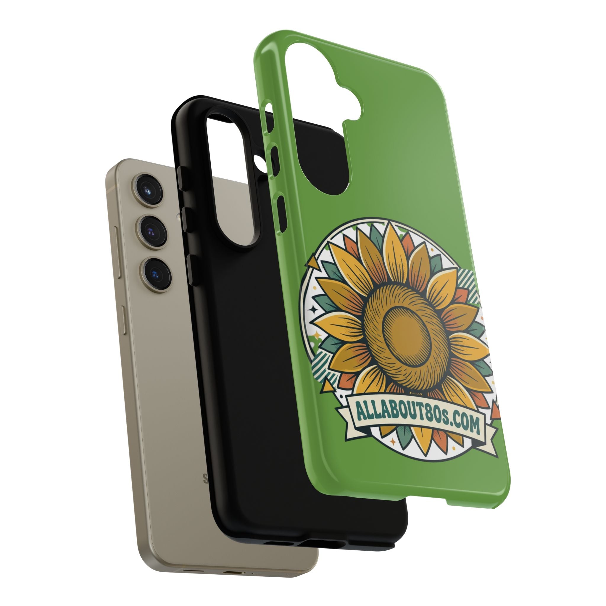 Sunflower Tough Phone Case – Green Floral Protective Case with "AllAbout80s.com" Banner