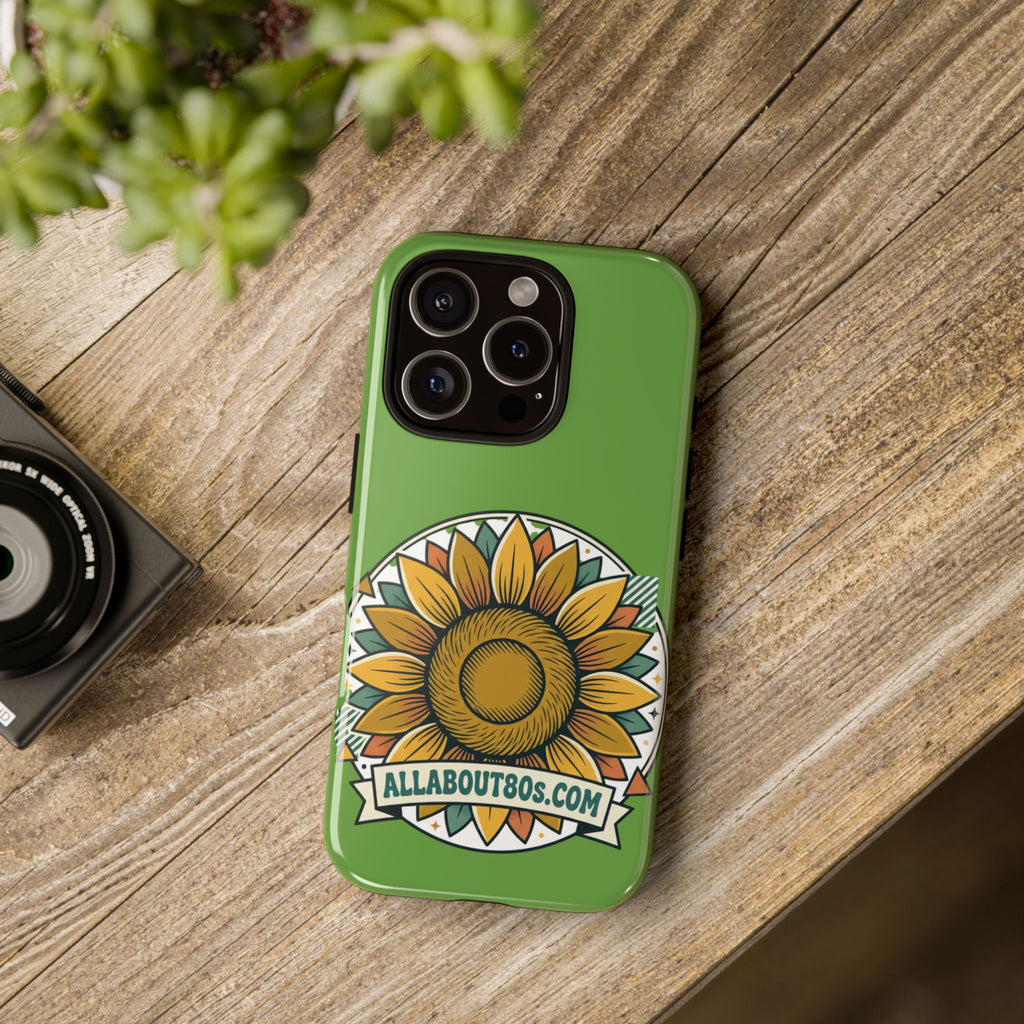 Sunflower Tough Phone Case – Green Floral Protective Case with "AllAbout80s.com" Banner