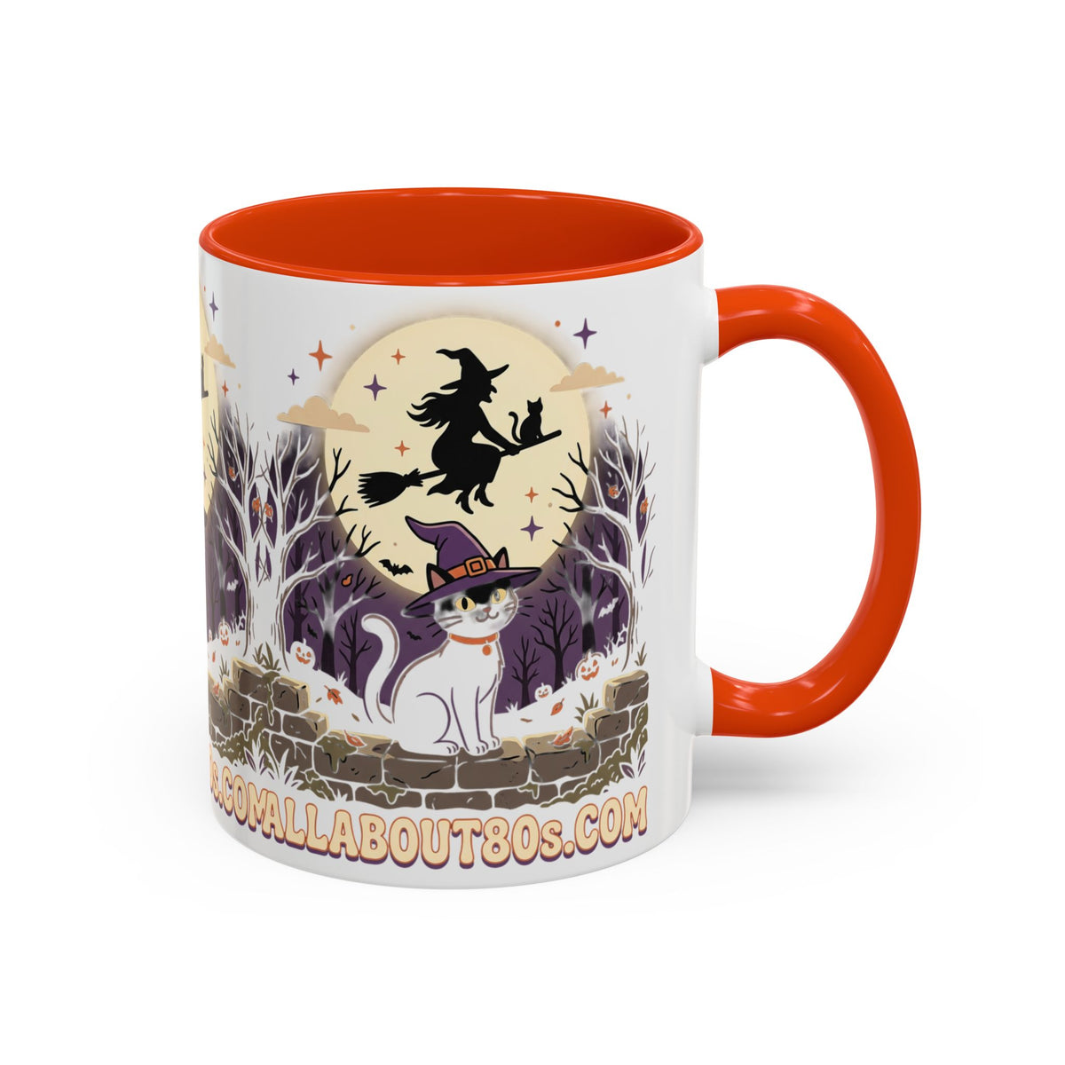 Halloween Cat Witch Mug – Cute Witch Hat Cat with Flying Witch Silhouette (11oz/15oz)