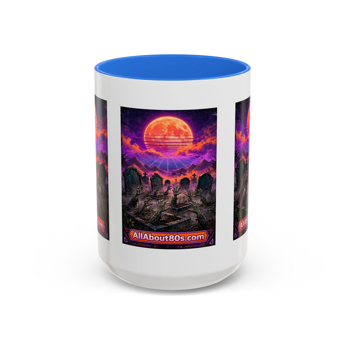 80s Retro Graveyard Sunset Mug — Vaporwave Neon Coffins Coffee Cup (11oz/15oz)