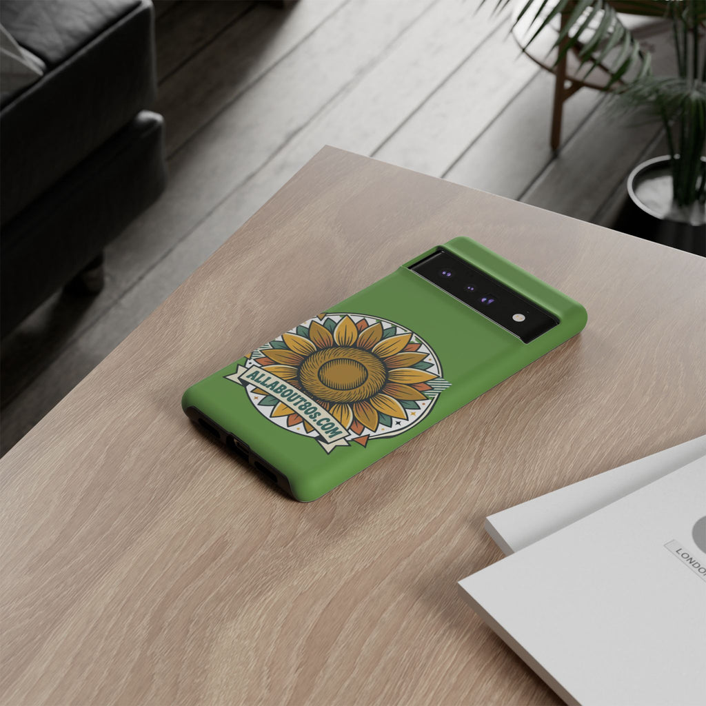Sunflower Tough Phone Case – Green Floral Protective Case with "AllAbout80s.com" Banner