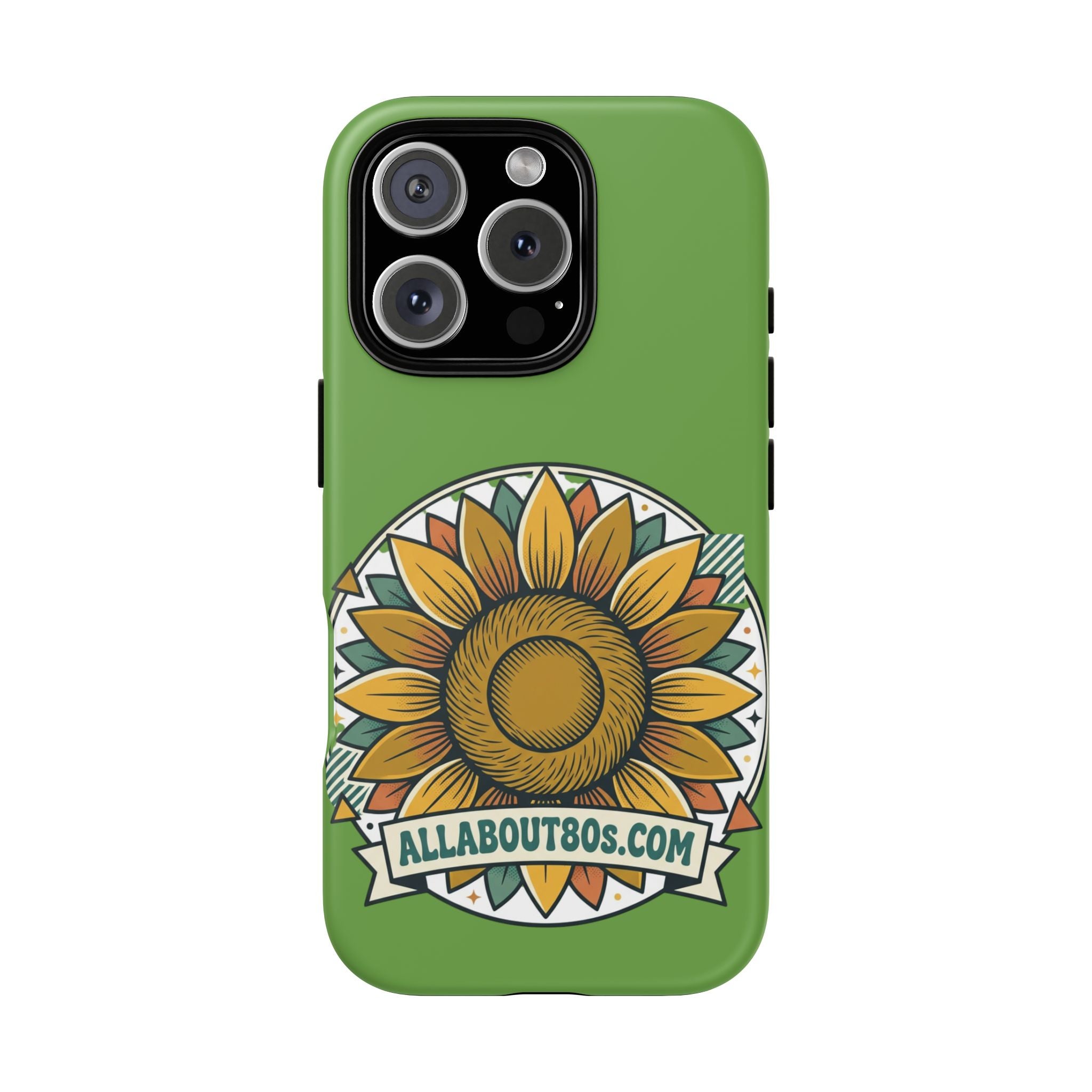 Sunflower Tough Phone Case – Green Floral Protective Case with "AllAbout80s.com" Banner