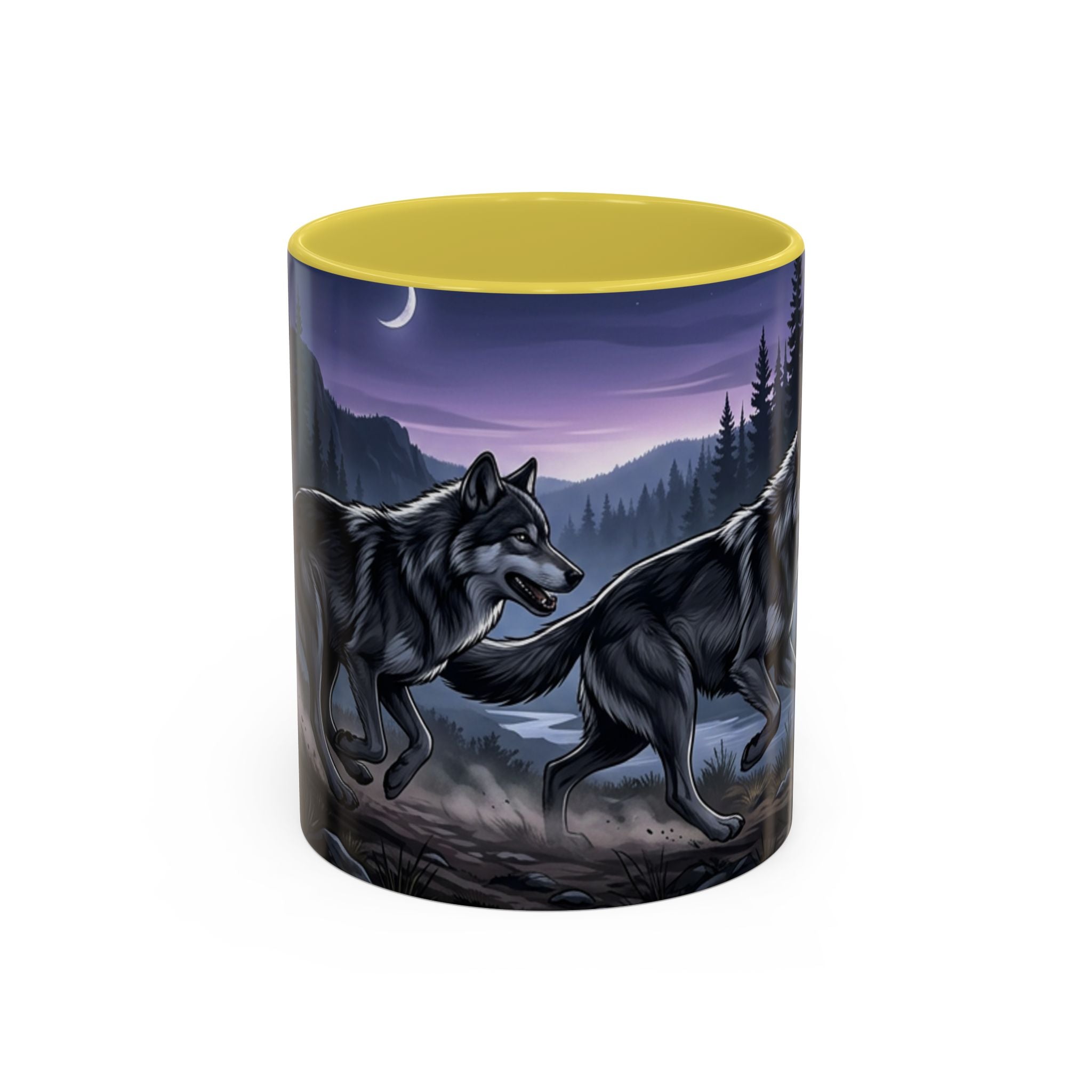 Wolf Pack Nightscape Mug — 11oz/15oz Scenic Black-Interior Coffee Cup