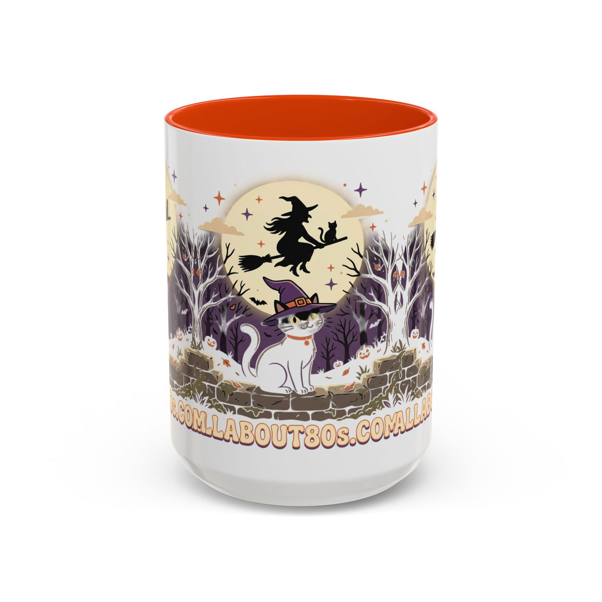 Halloween Cat Witch Mug – Cute Witch Hat Cat with Flying Witch Silhouette (11oz/15oz)
