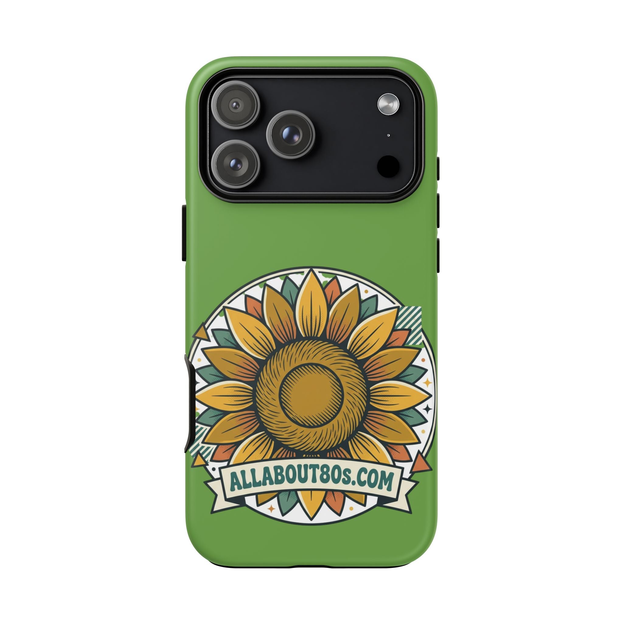 Sunflower Tough Phone Case – Green Floral Protective Case with "AllAbout80s.com" Banner