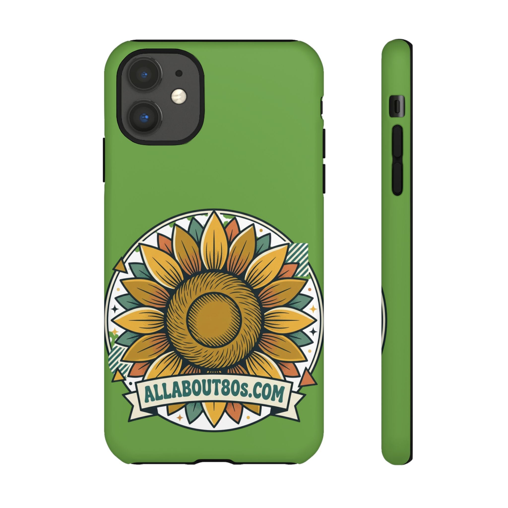 Sunflower Tough Phone Case – Green Floral Protective Case with "AllAbout80s.com" Banner