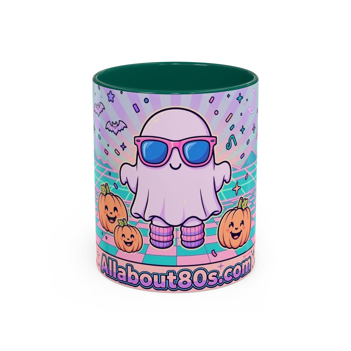 80s Vaporwave Ghost Coffee Mug — Cute Halloween Pumpkin Retro Design (11oz/15oz)