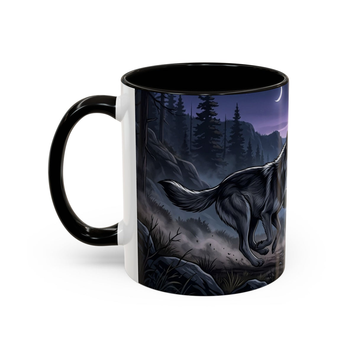 Wolf Pack Nightscape Mug — 11oz/15oz Scenic Black-Interior Coffee Cup