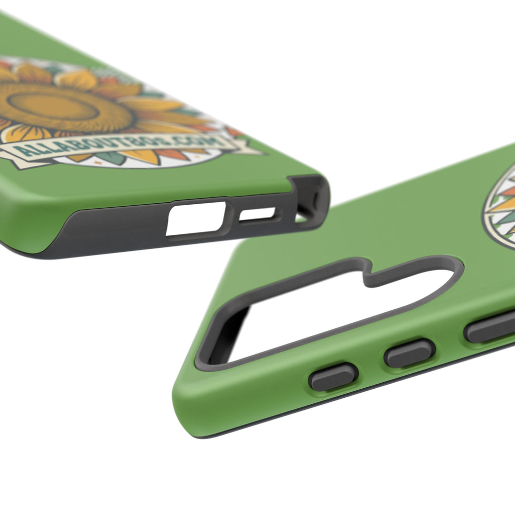 Sunflower Tough Phone Case – Green Floral Protective Case with "AllAbout80s.com" Banner