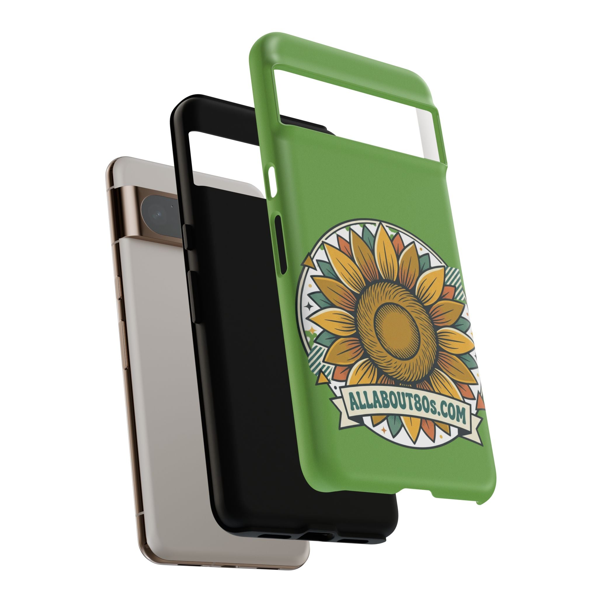 Sunflower Tough Phone Case – Green Floral Protective Case with "AllAbout80s.com" Banner