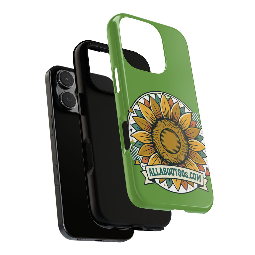 Sunflower Tough Phone Case – Green Floral Protective Case with "AllAbout80s.com" Banner