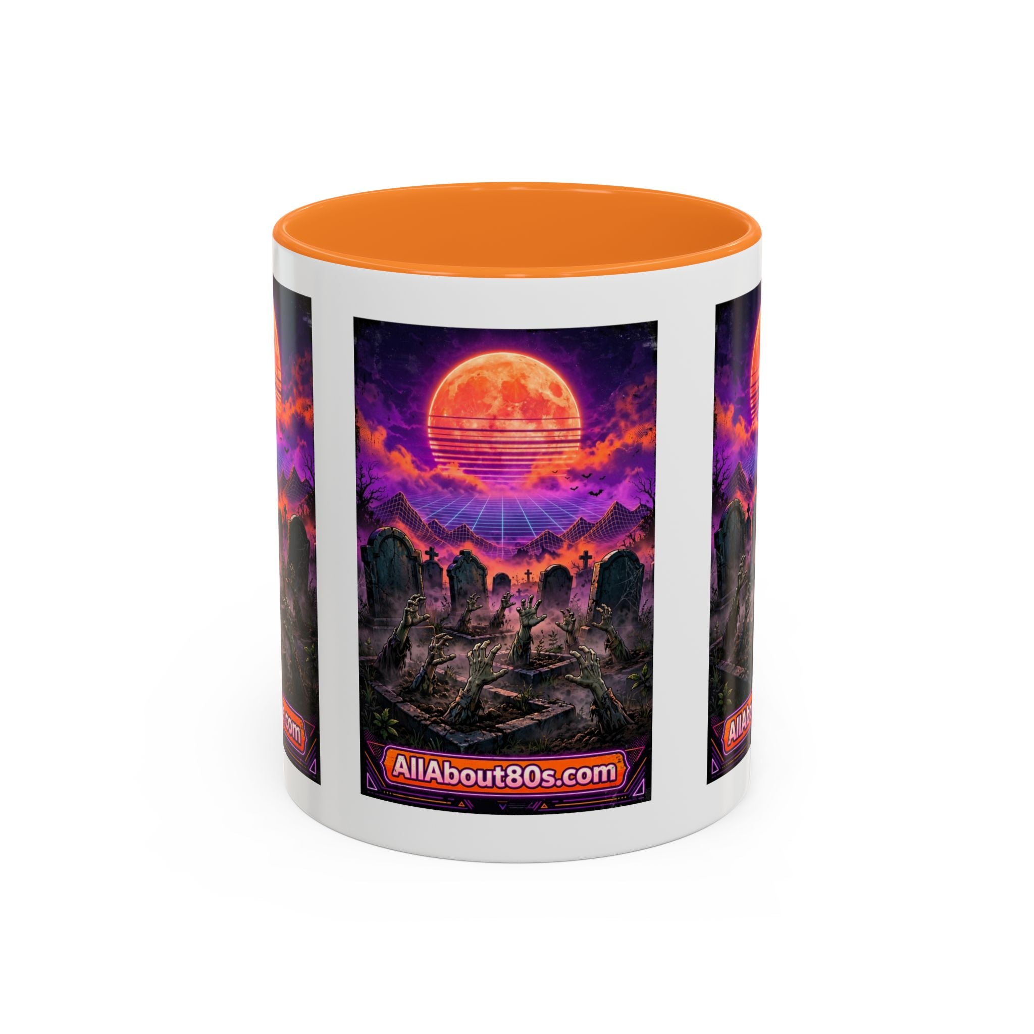 80s Retro Graveyard Sunset Mug — Vaporwave Neon Coffins Coffee Cup (11oz/15oz)
