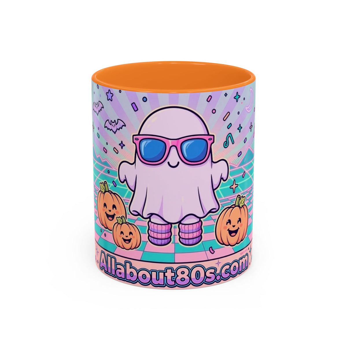 80s Vaporwave Ghost Coffee Mug — Cute Halloween Pumpkin Retro Design (11oz/15oz)