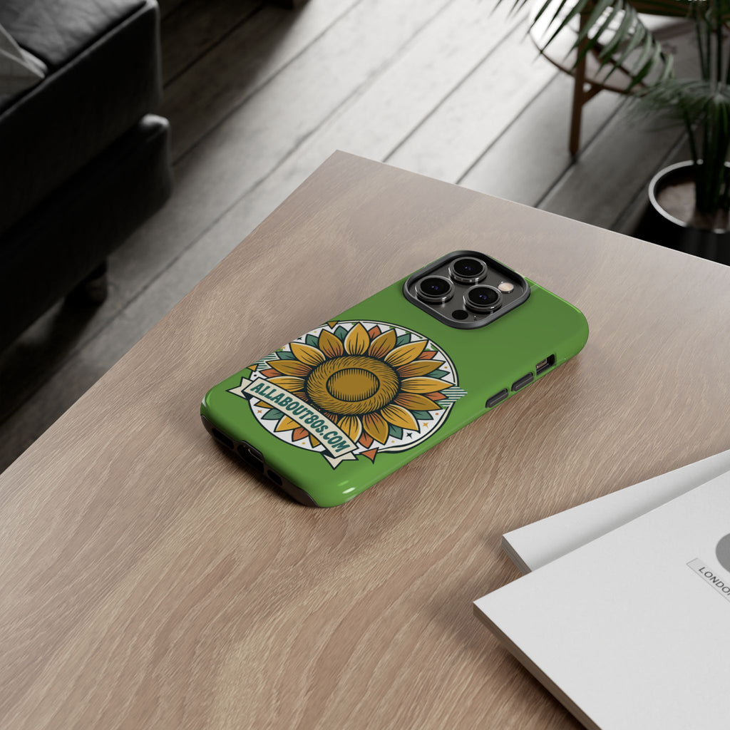 Sunflower Tough Phone Case – Green Floral Protective Case with "AllAbout80s.com" Banner