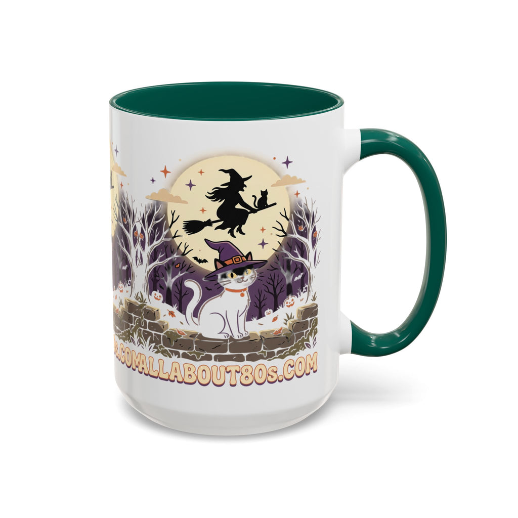 Halloween Cat Witch Mug – Cute Witch Hat Cat with Flying Witch Silhouette (11oz/15oz)