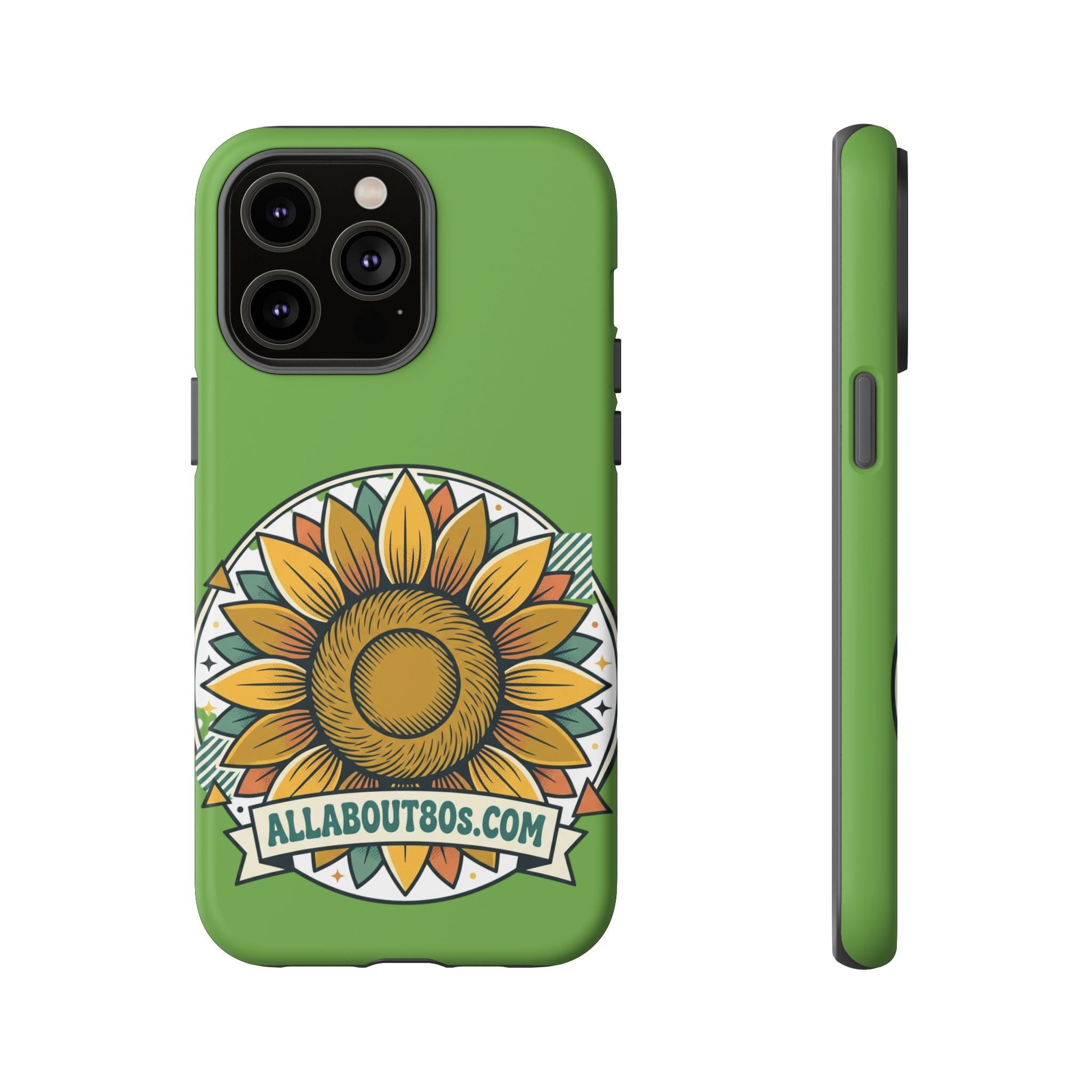 Sunflower Tough Phone Case – Green Floral Protective Case with "AllAbout80s.com" Banner