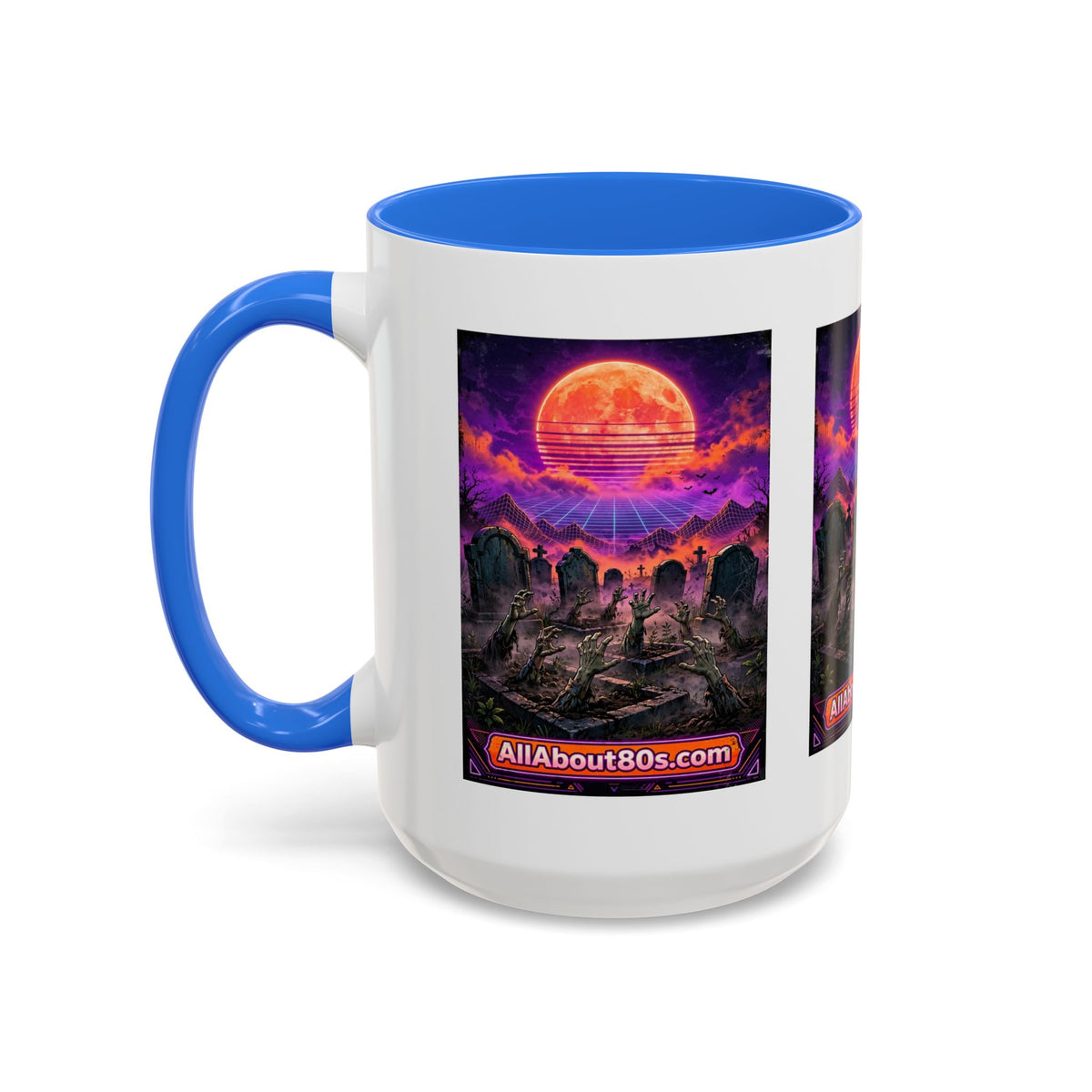 80s Retro Graveyard Sunset Mug — Vaporwave Neon Coffins Coffee Cup (11oz/15oz)