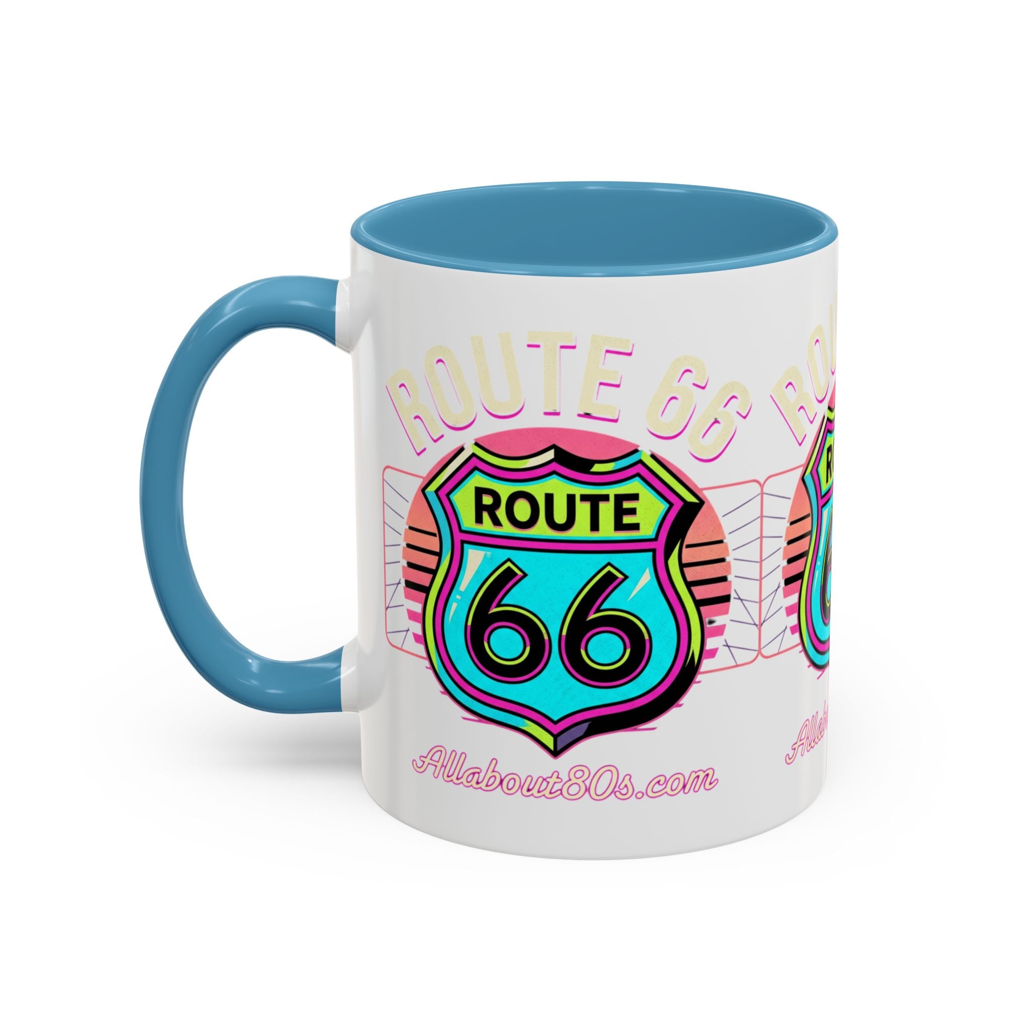 Route 66 Neon Shield Accent Coffee Mug — Retro Road Trip Travel Gift (11/15 oz)