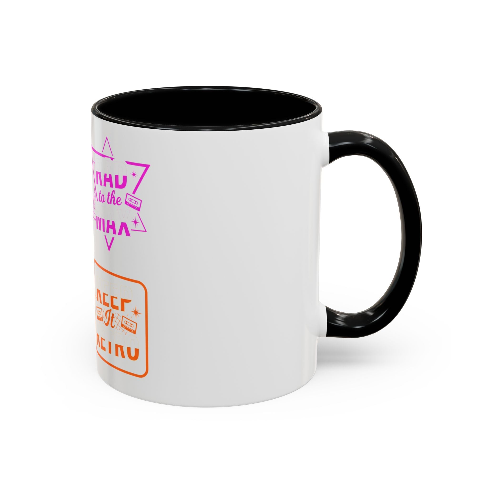Retro Gamer Badge Accent Coffee Mug — Neon 'Totally Tubular' & 80s Gamer Icons (11/15oz)