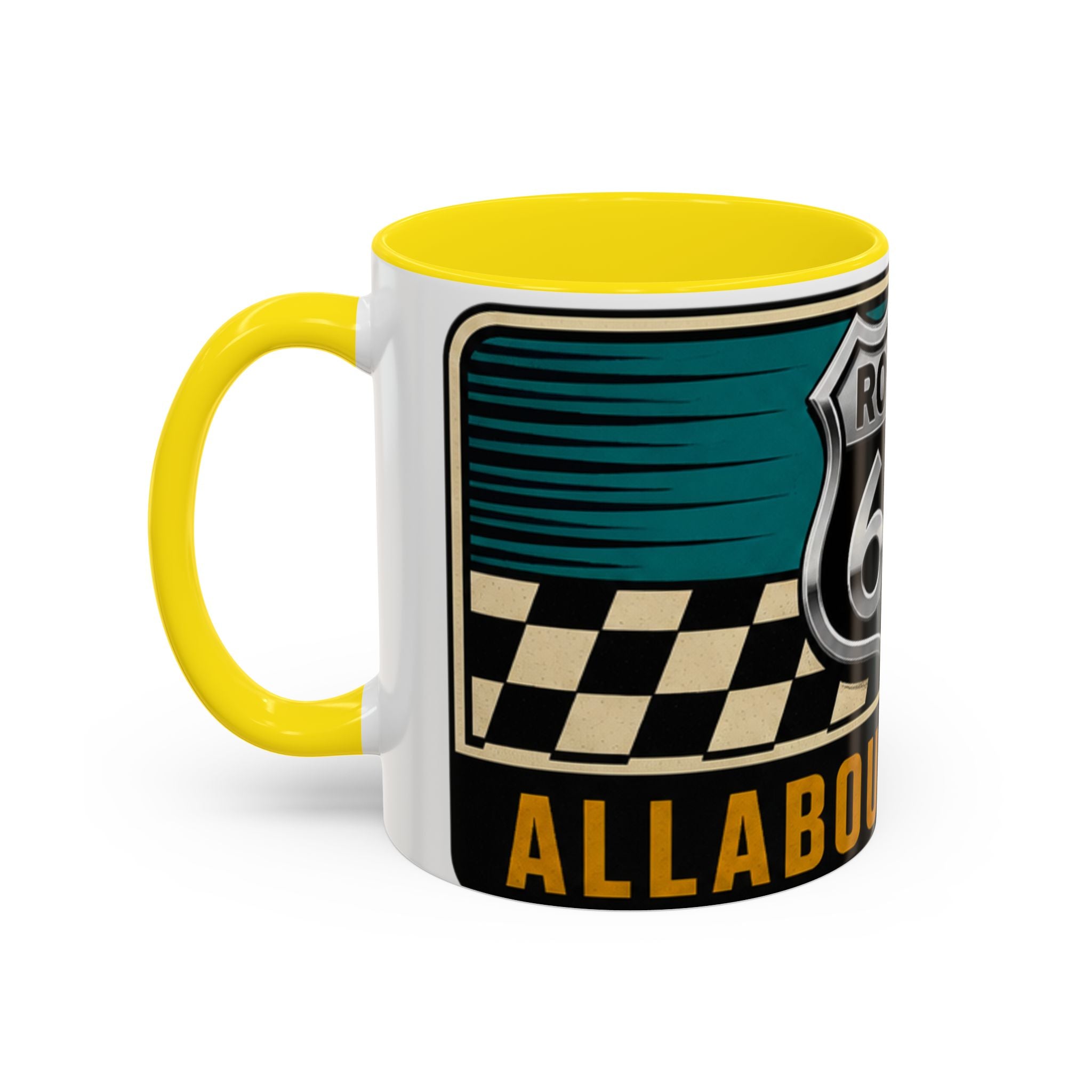 Route 66 Retro Checkerboard Coffee Mug — Vintage Road Trip 11/15oz Accent Mug