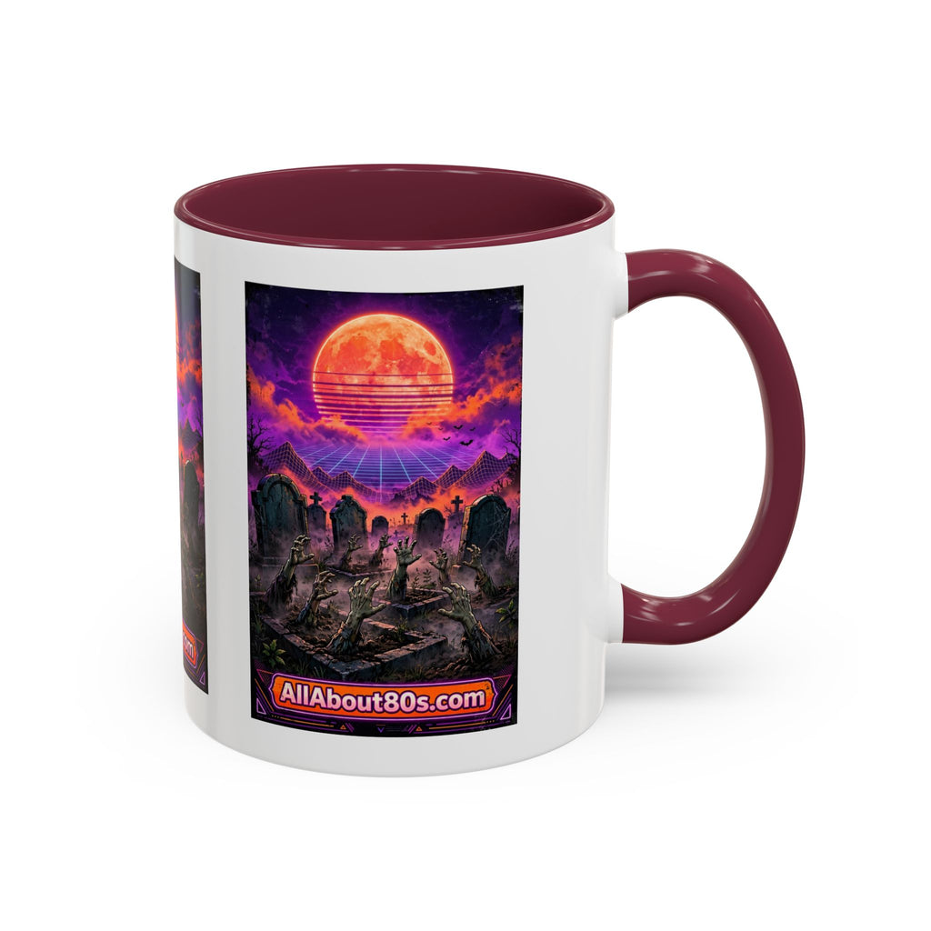 80s Retro Graveyard Sunset Mug — Vaporwave Neon Coffins Coffee Cup (11oz/15oz)