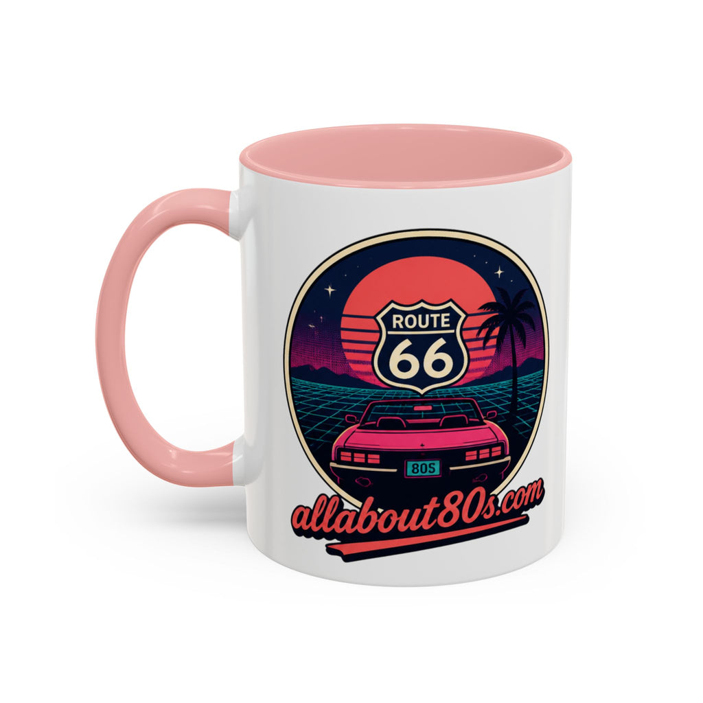 Route 66 Retro 80s Accent Coffee Mug — 'allabout80s' Vintage Sunset Design (11/15oz)
