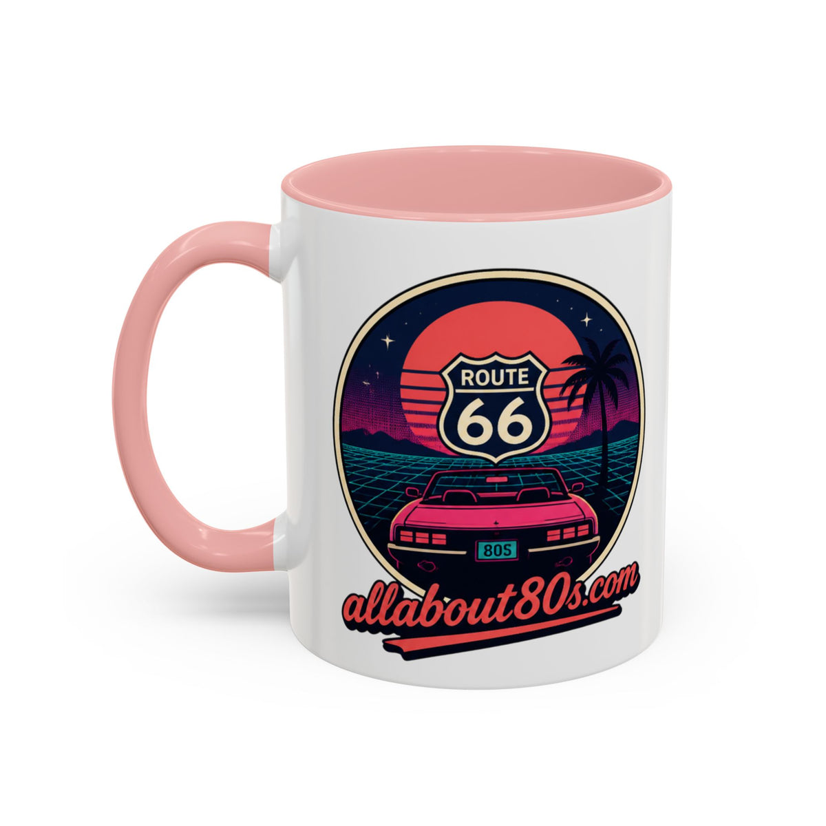 Route 66 Retro 80s Accent Coffee Mug — 'allabout80s' Vintage Sunset Design (11/15oz)