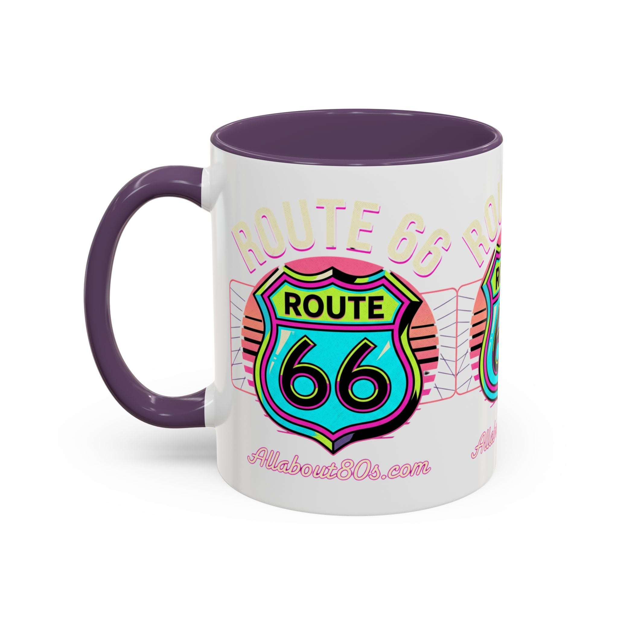 Route 66 Neon Shield Accent Coffee Mug — Retro Road Trip Travel Gift (11/15 oz)