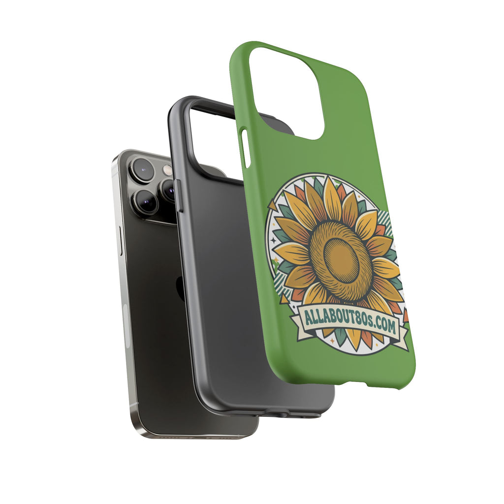 Sunflower Tough Phone Case – Green Floral Protective Case with "AllAbout80s.com" Banner