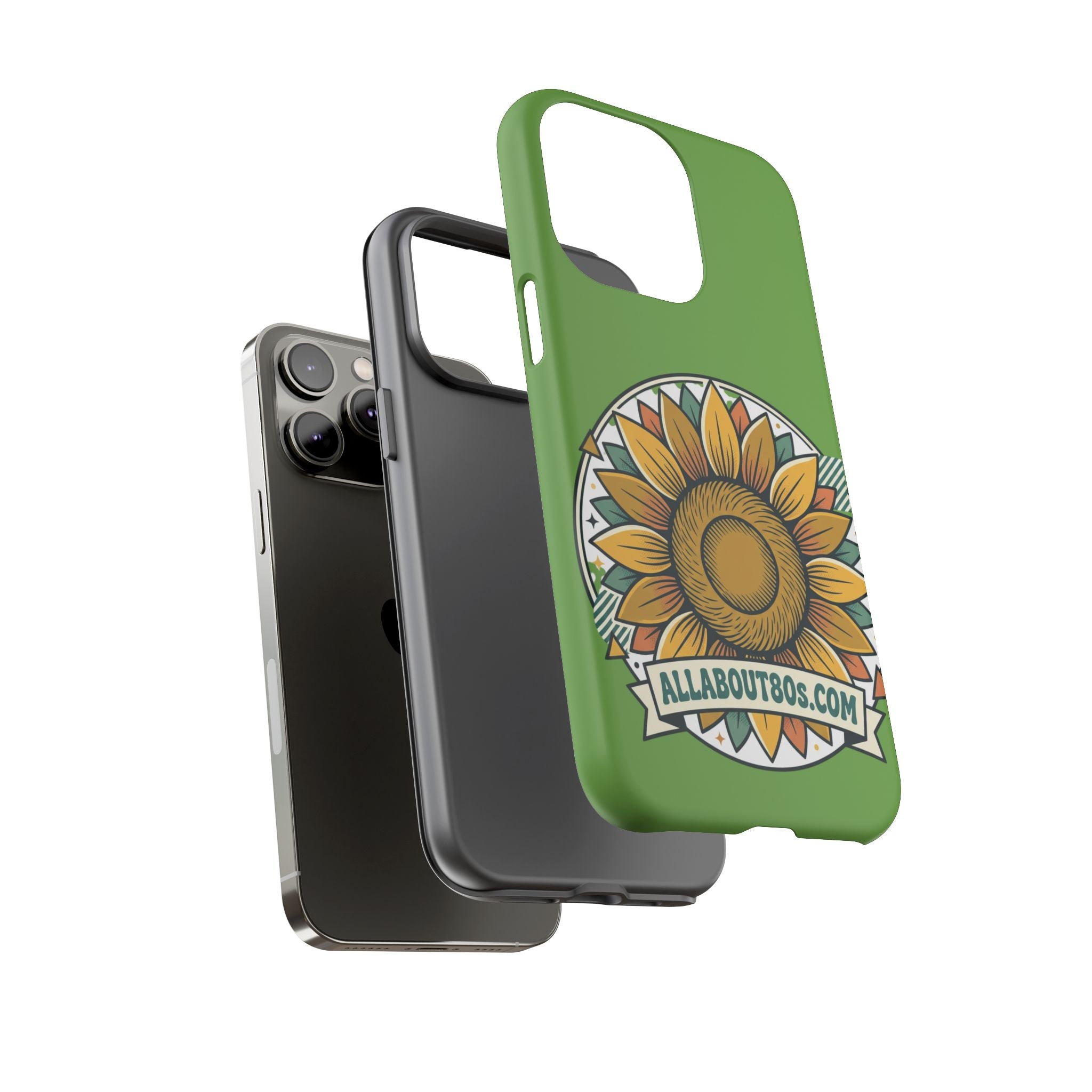Sunflower Tough Phone Case – Green Floral Protective Case with "AllAbout80s.com" Banner