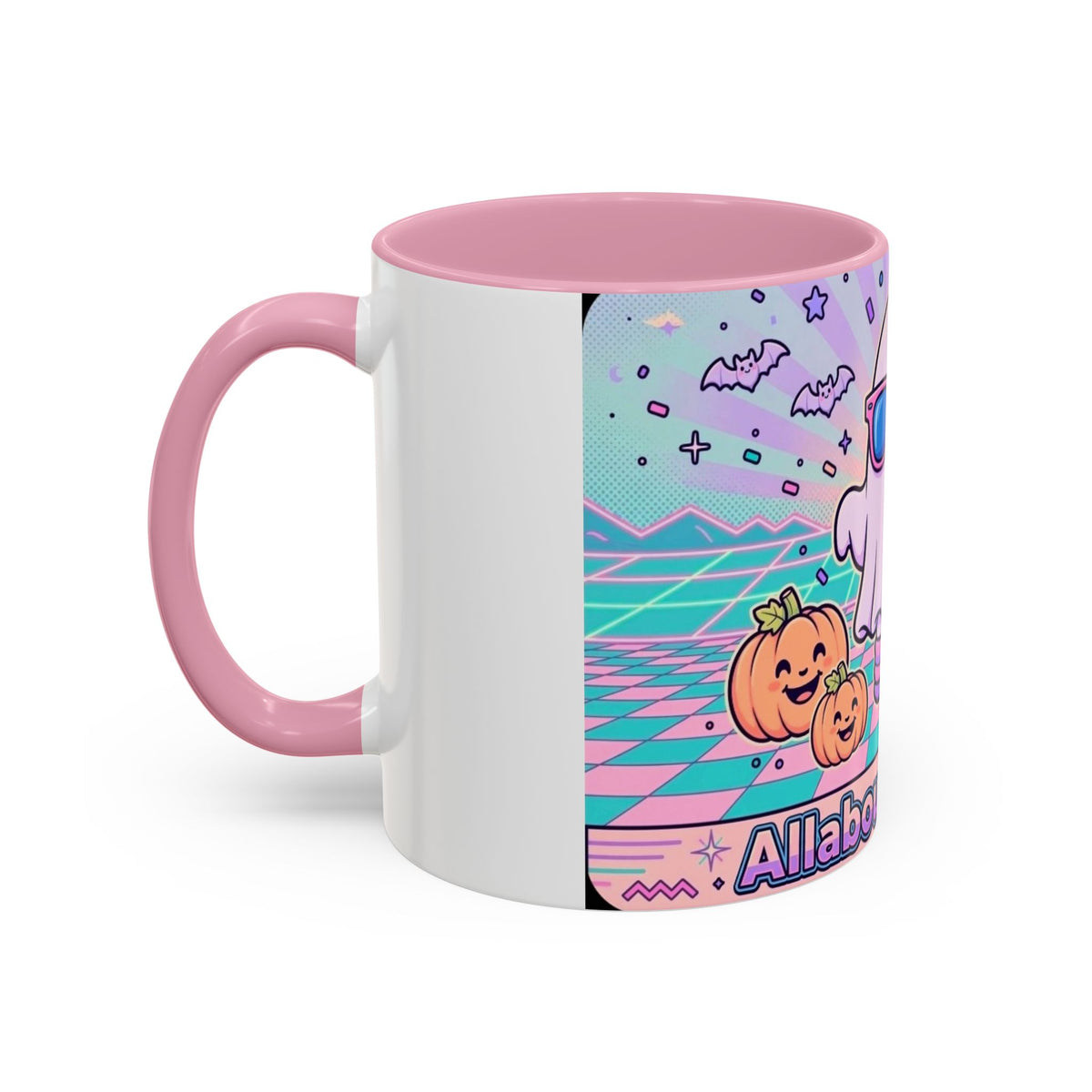 80s Vaporwave Ghost Coffee Mug — Cute Halloween Pumpkin Retro Design (11oz/15oz)