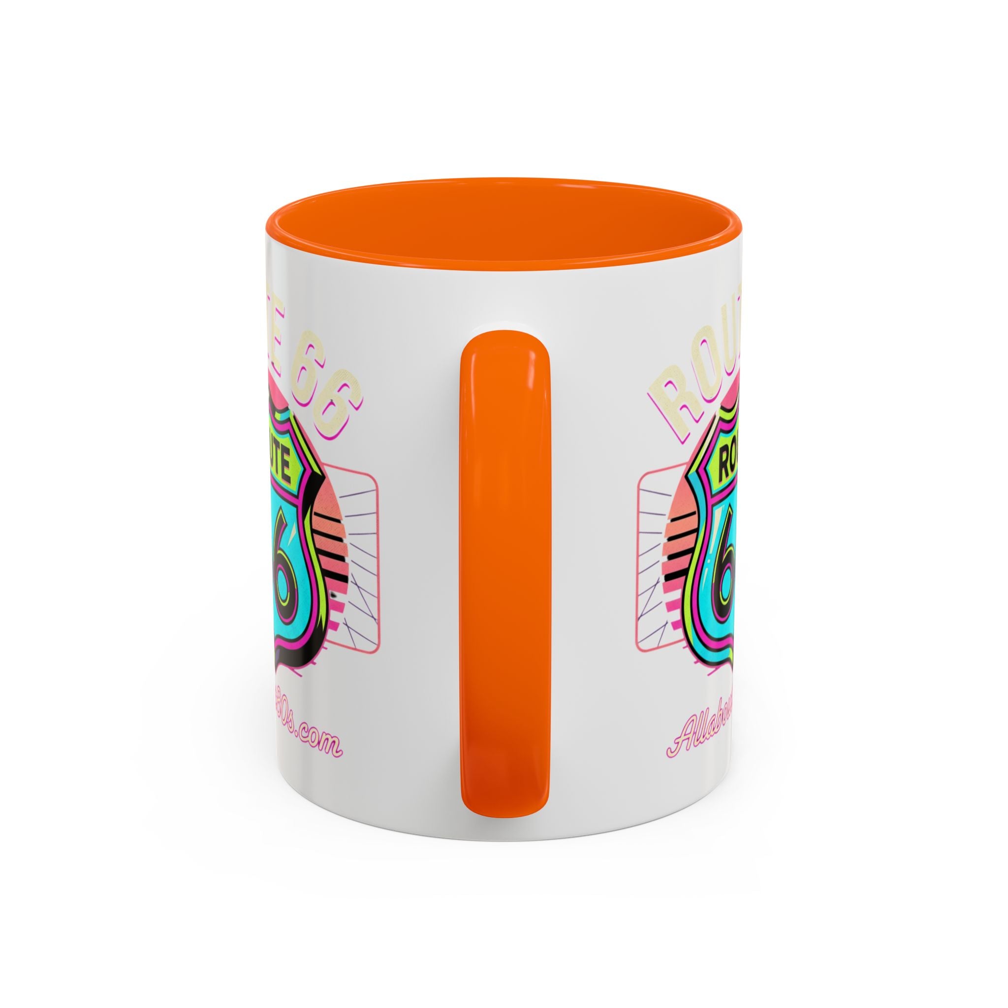 Route 66 Neon Shield Accent Coffee Mug — Retro Road Trip Travel Gift (11/15 oz)