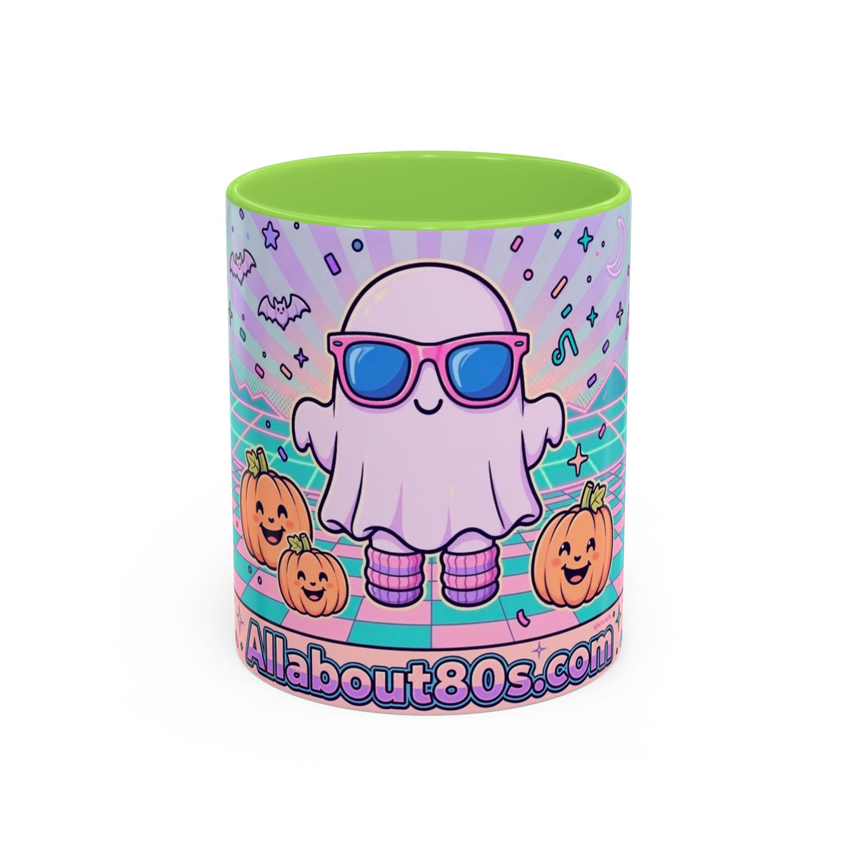 80s Vaporwave Ghost Coffee Mug — Cute Halloween Pumpkin Retro Design (11oz/15oz)