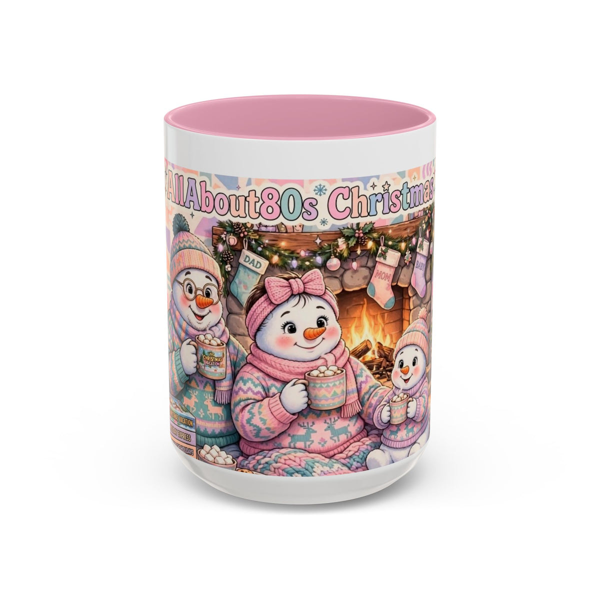 Cute Snowman Christmas Mug — 'All About 80s Christmas' Colorful Holiday Coffee Cup (11oz/15oz)