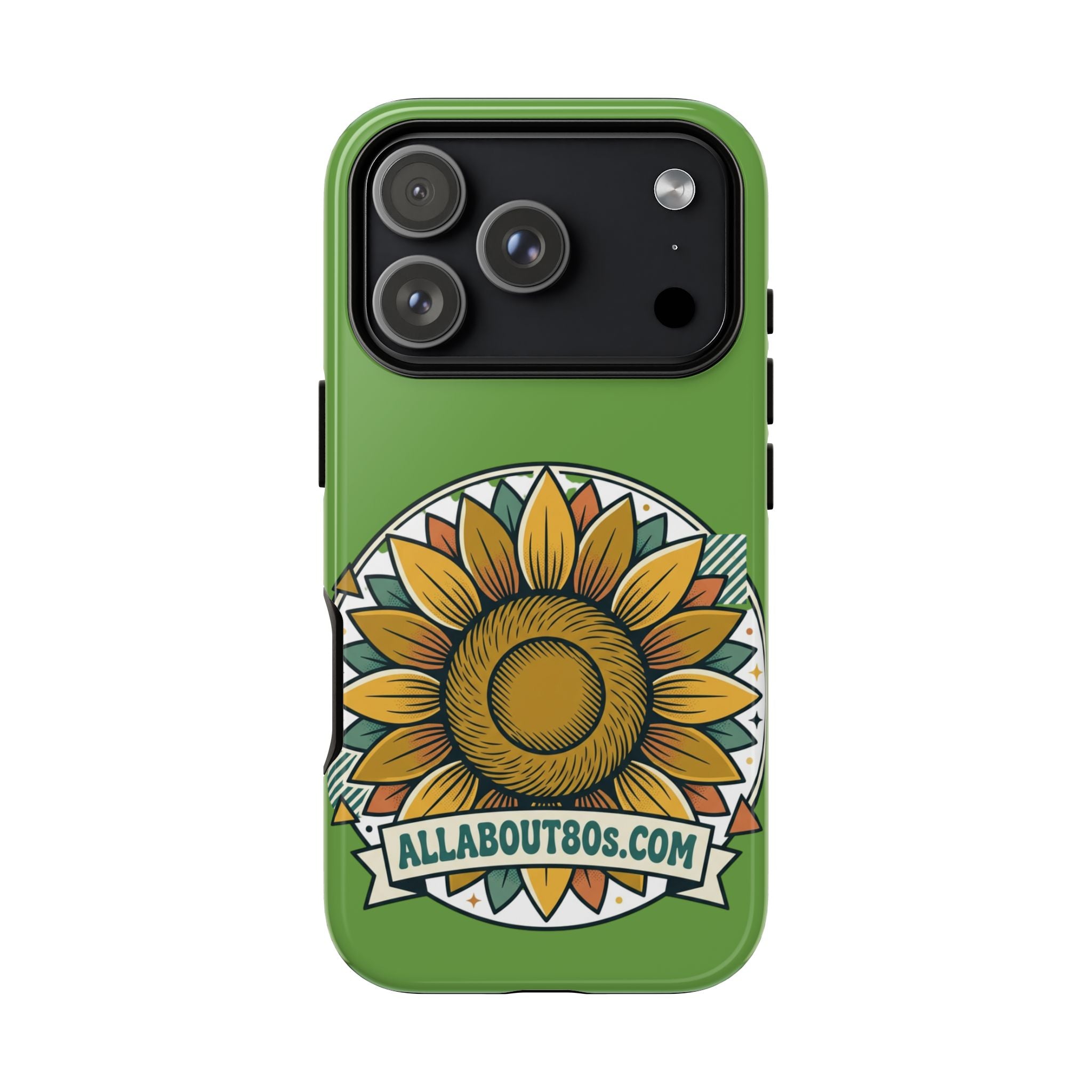 Sunflower Tough Phone Case – Green Floral Protective Case with "AllAbout80s.com" Banner