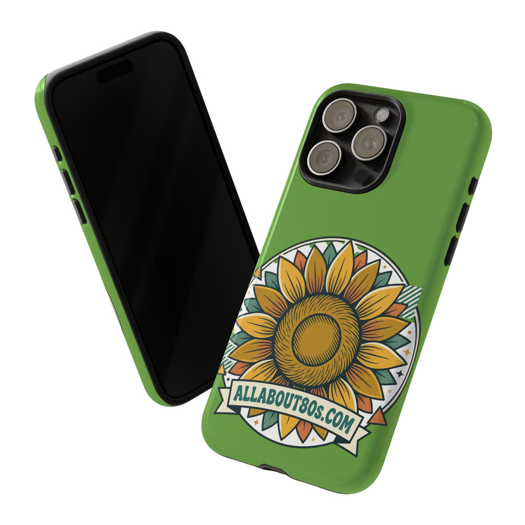 Sunflower Tough Phone Case – Green Floral Protective Case with "AllAbout80s.com" Banner