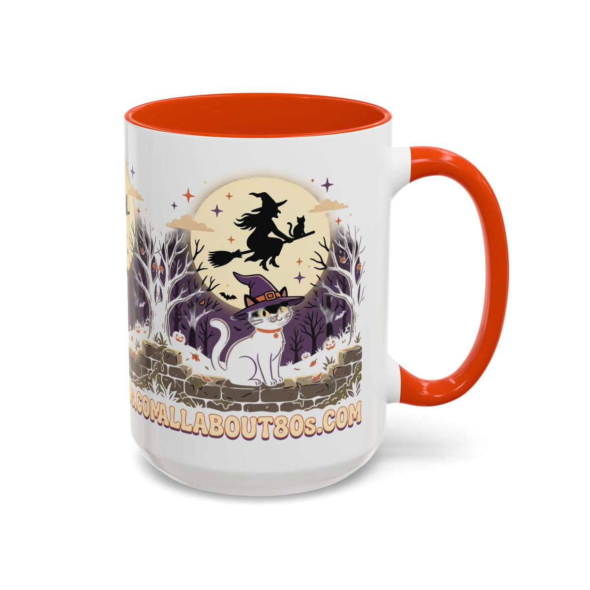 Halloween Cat Witch Mug – Cute Witch Hat Cat with Flying Witch Silhouette (11oz/15oz)