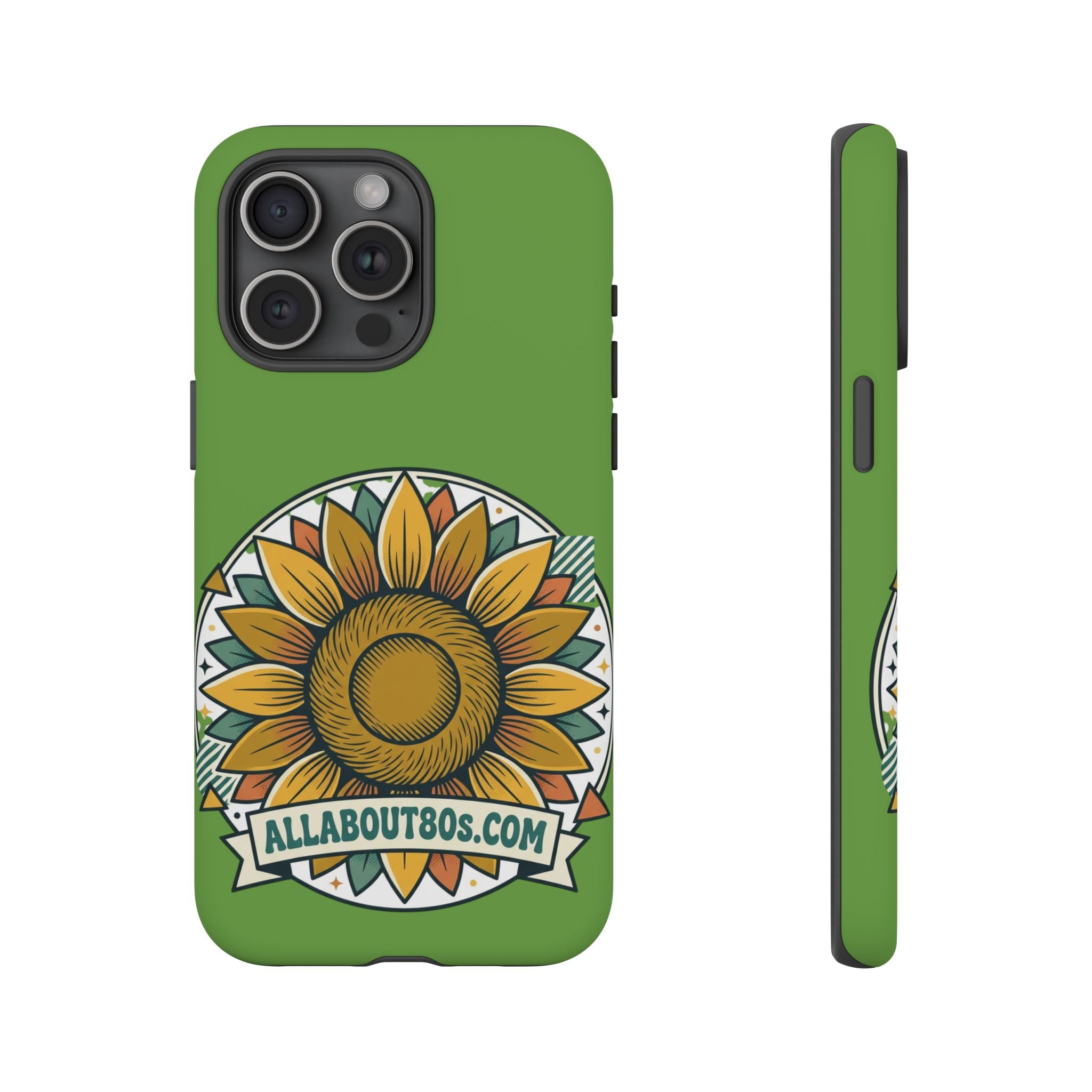 Sunflower Tough Phone Case – Green Floral Protective Case with "AllAbout80s.com" Banner