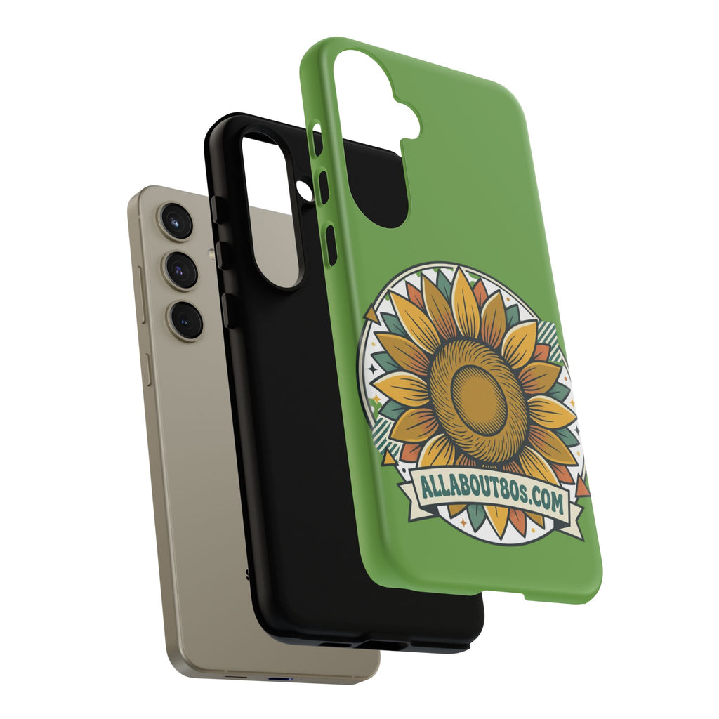 Sunflower Tough Phone Case – Green Floral Protective Case with "AllAbout80s.com" Banner