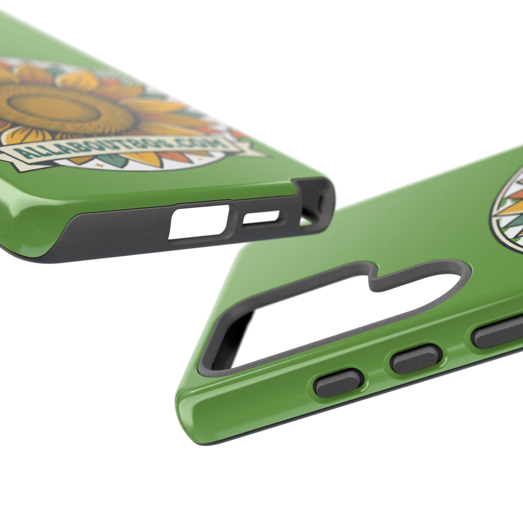 Sunflower Tough Phone Case – Green Floral Protective Case with "AllAbout80s.com" Banner