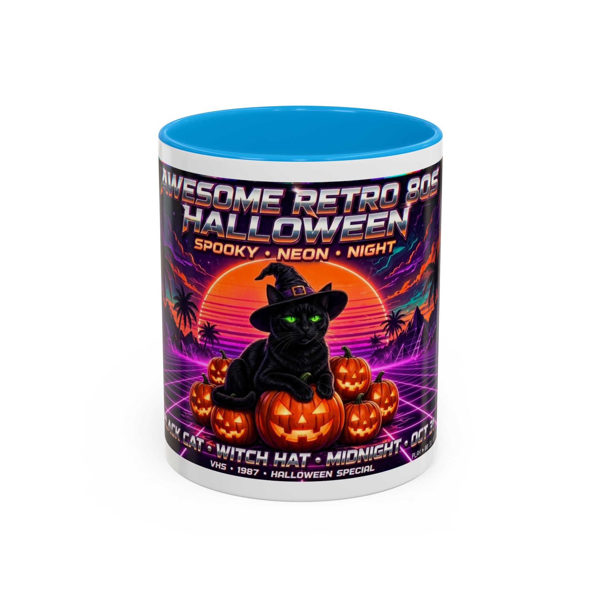 Halloween Retro Cat Mug — Neon 80s Spooky Pumpkin Coffee Cup (11oz/15oz)