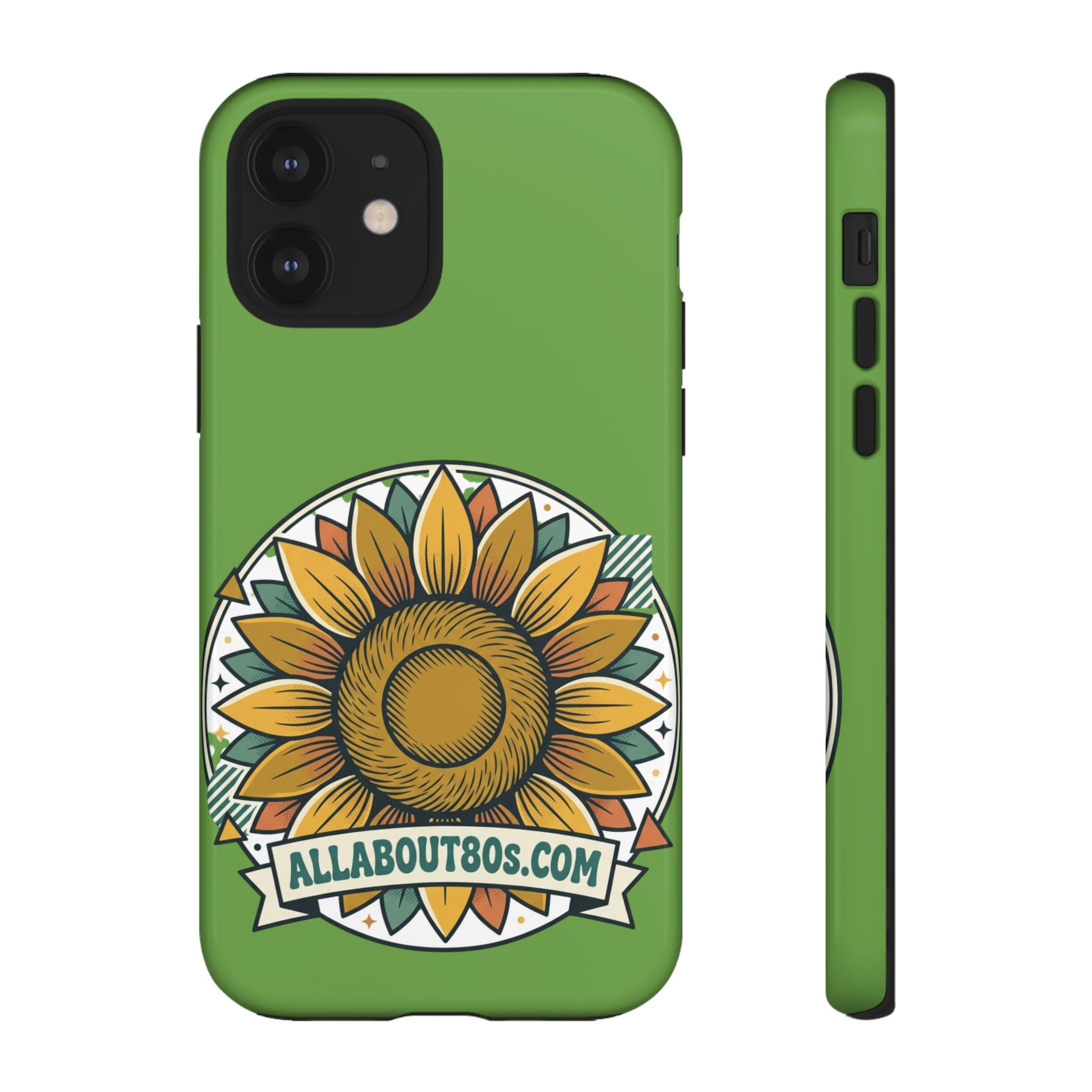Sunflower Tough Phone Case – Green Floral Protective Case with "AllAbout80s.com" Banner
