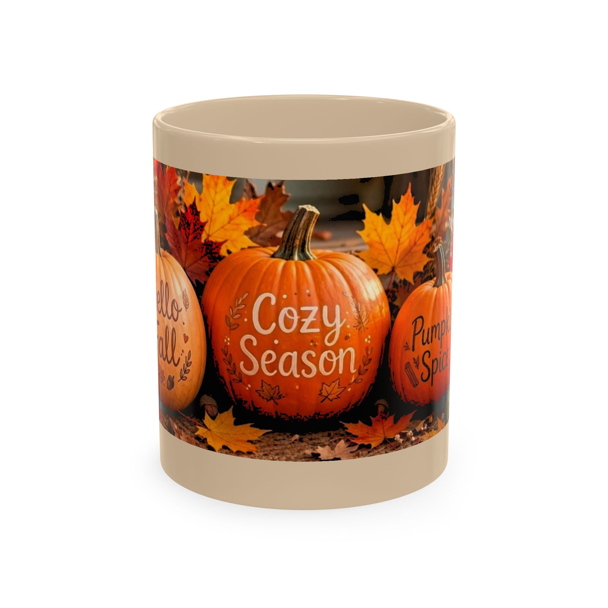 Hello Fall Ceramic Mug — Cozy Pumpkin & Autumn Leaves Coffee Cup