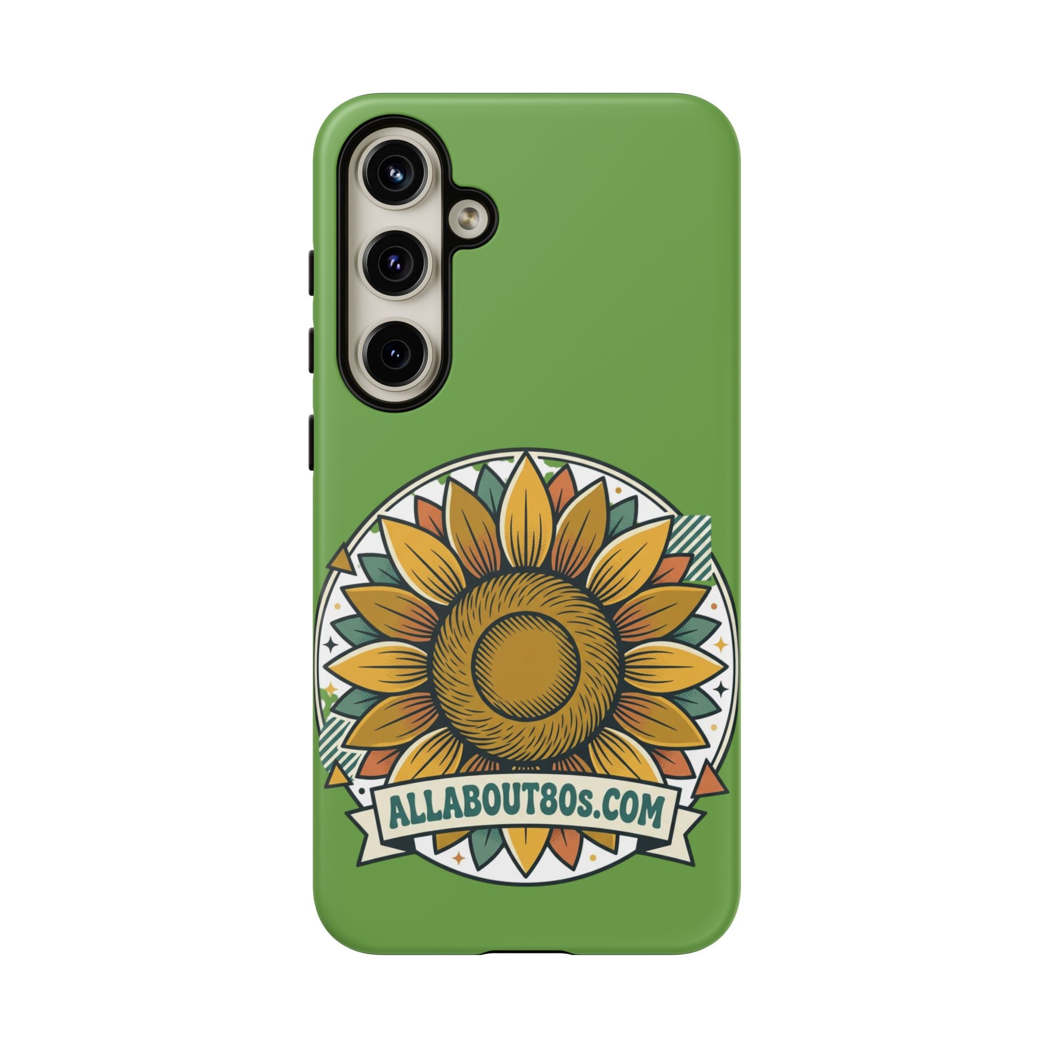Sunflower Tough Phone Case – Green Floral Protective Case with "AllAbout80s.com" Banner