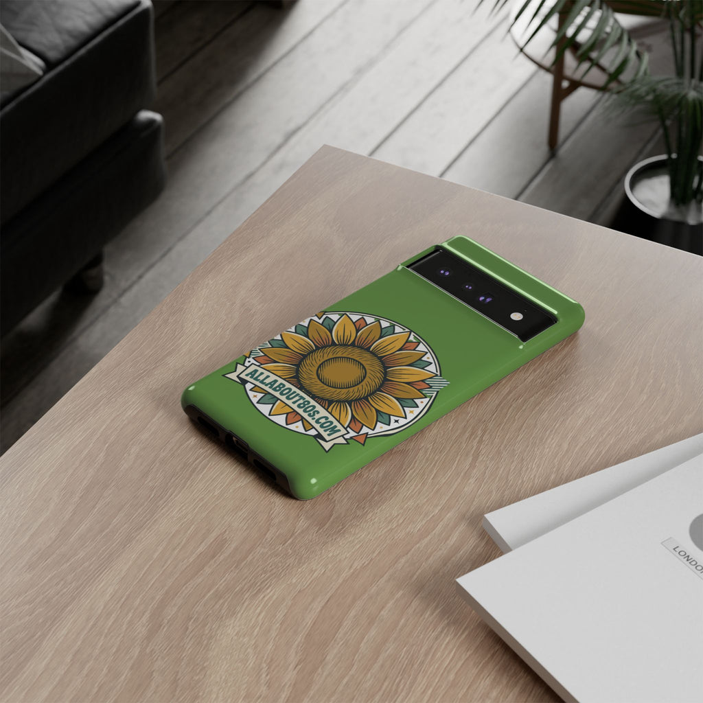 Sunflower Tough Phone Case – Green Floral Protective Case with "AllAbout80s.com" Banner