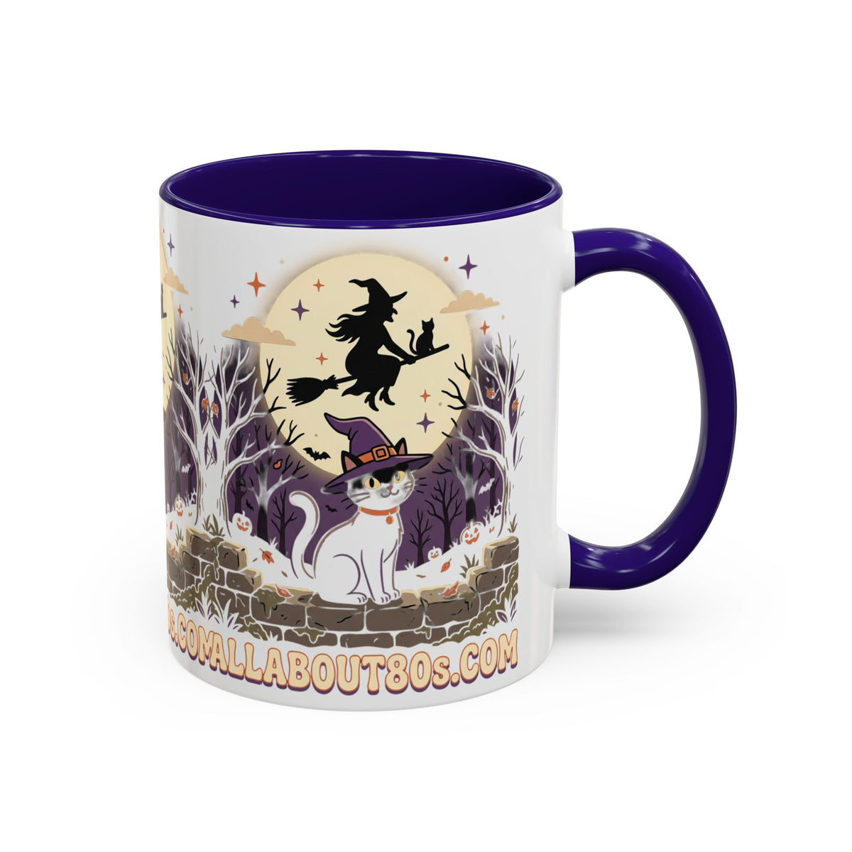 Halloween Cat Witch Mug – Cute Witch Hat Cat with Flying Witch Silhouette (11oz/15oz)