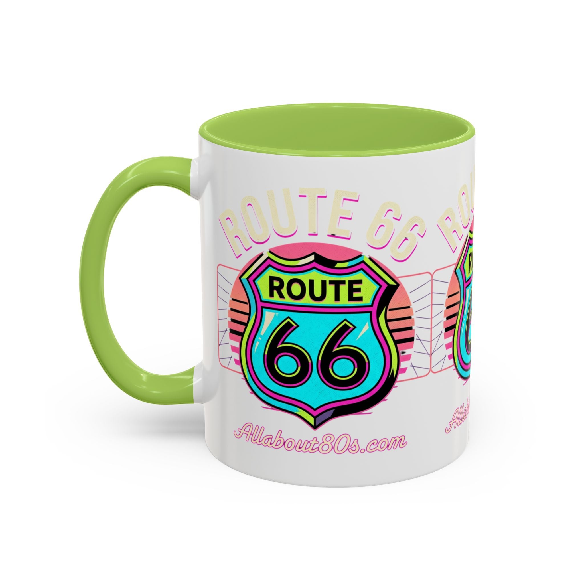 Route 66 Neon Shield Accent Coffee Mug — Retro Road Trip Travel Gift (11/15 oz)