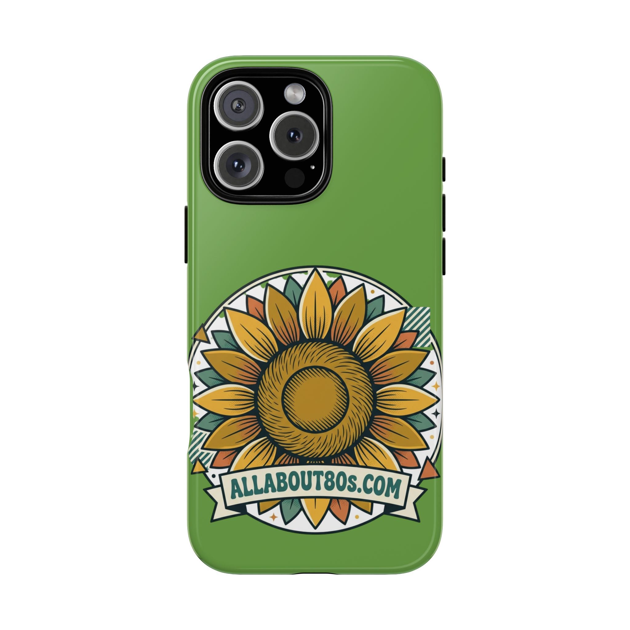 Sunflower Tough Phone Case – Green Floral Protective Case with "AllAbout80s.com" Banner
